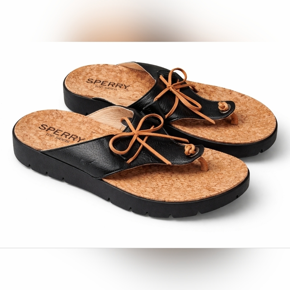 Sperry Top Sider Sandals Womens 5M Black Leather Cork Footbed Thong Flip Flop.